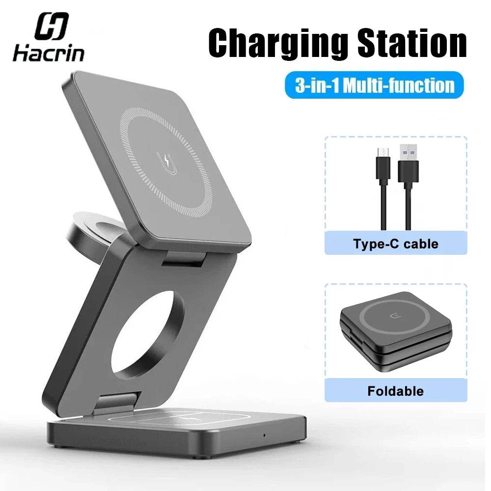 Foldable 3-in-1 magnetic wireless charging stand
