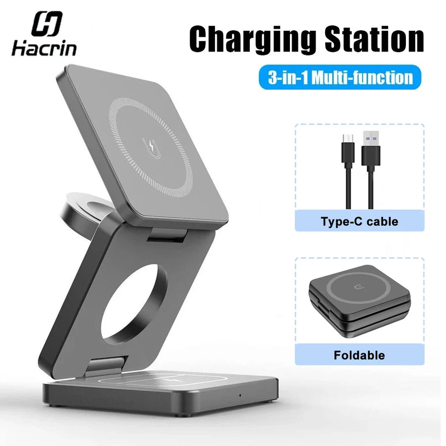 Foldable 3-in-1 magnetic wireless charging stand