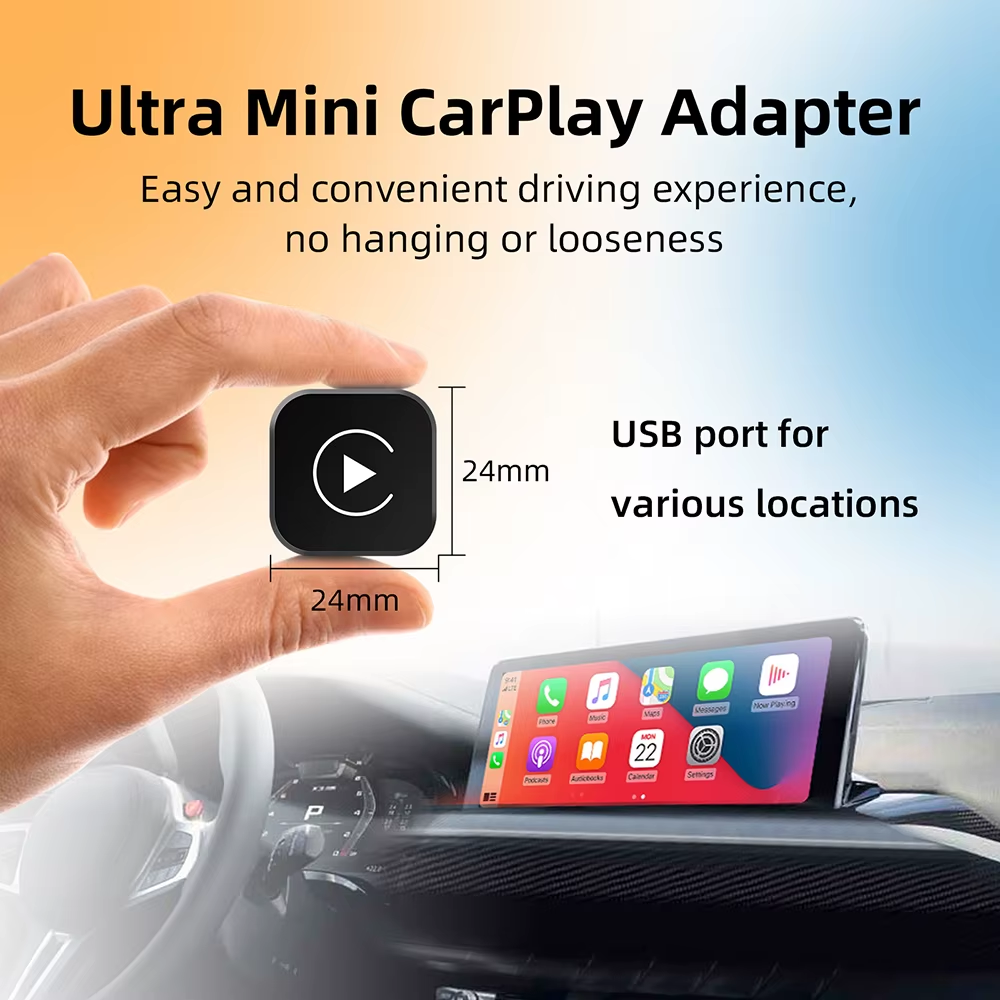 Compact 24 by 24 millimeter wireless CarPlay adapter
