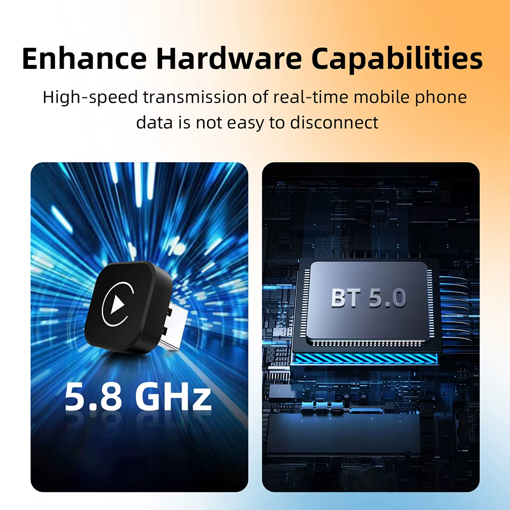 Wireless CarPlay adapter with 5.8 GHz transmission and Bluetooth 5.0